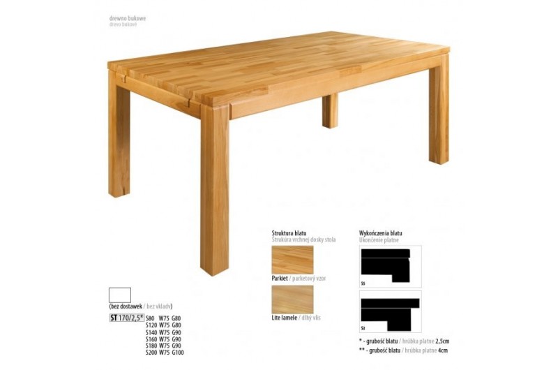 Stół bukowy ST 170, gr. 2,5 cm